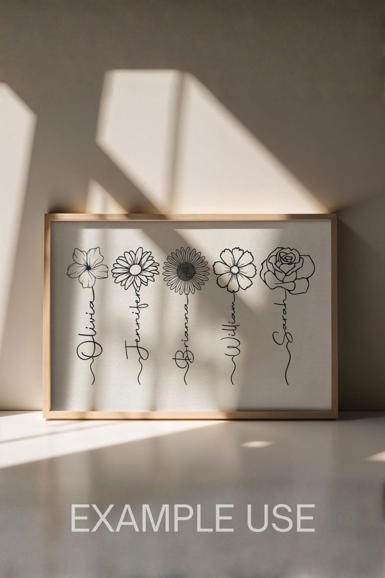 May include: A rectangular framed print featuring five black line-art flower illustrations arranged horizontally. Each flower stem is replaced by a cursive name: Olivia, Jennifer, Brianna, William, and Sarah. The print is on a light background.
