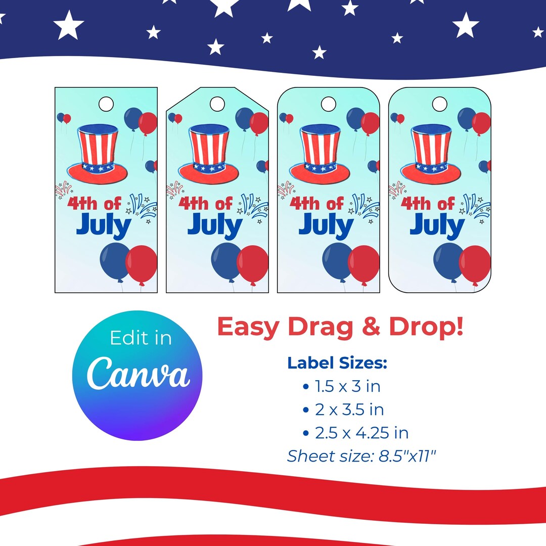 4th of July Editable Gift Tag Templates, Patriotic Label Design, Drag ...