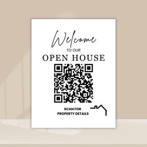 May include: A white sign with the words "Welcome to our Open House" in black script. A QR code is below the text, with the words "Scan for Property Details" and a house icon beneath it.