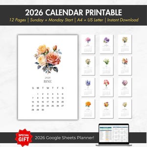 2026 Birth Flower Calendar: Watercolor Floral Design (A4/Letter PDF Digital Download)