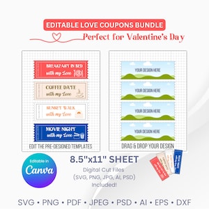 Modelli di coupon modificabili per l'amore, cornici Canva trascinabili, modelli Canva per San Valentino, regalo dell'ultimo minuto per lei, regalo stampabile per lui