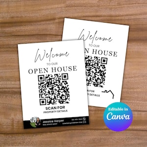Könnte beinhalten: Zwei weiße Karten mit dem Text "Willkommen zu unserem Tag der offenen Tür" und einem QR-Code. Die Karten enthalten auch den Text "Scannen Sie nach Immobiliendetails" und Kontaktinformationen des Immobilienmaklers. Ein blau-violetter Kreis mit dem Text "Bearbeitbar in Canva" befindet sich in der Ecke.