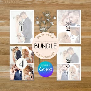 May include: A photo collage bundle of wedding templates. The design includes table numbers 1, 2, 3, and 4, each with a couple's photo and names. The text "PHOTO COLLAGE BUNDLE WEDDING TEMPLATES" is also included. The templates are editable in Canva.