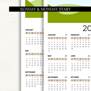 K&ouml;nnte beinhalten: Ein Kalender mit wei&szlig;em Hintergrund und schwarzem Text. Der Kalender zeigt Monate, Daten und Wochentage an. Der Text "SUNDAY & MONDAY START" steht oben. Monate sind Januar, Mai, September und Oktober. Ma&szlig;e in Zentimetern.