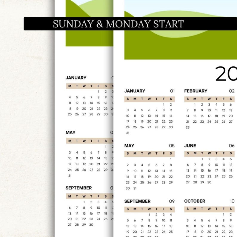 K&ouml;nnte beinhalten: Ein Kalender mit wei&szlig;em Hintergrund und schwarzem Text. Der Kalender zeigt Monate, Daten und Wochentage an. Der Text "SUNDAY & MONDAY START" steht oben. Monate sind Januar, Mai, September und Oktober. Ma&szlig;e in Zentimetern.