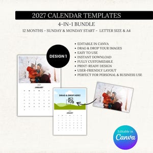 K&ouml;nnte beinhalten: Werbebild f&uuml;r 2027 Kalendervorlagen. Das Design beinhaltet ein 4-in-1-Bundle mit 12 Monaten, Sonntag- und Montag-Start sowie Optionen f&uuml;r Letter- und A4-Gr&ouml;&szlig;e. Funktionen umfassen die Bearbeitung in Canva, Drag & Drop von Bildern und sofortigen Download. Der Text "Drag & Drop Here!" und "Editable in Canva."
