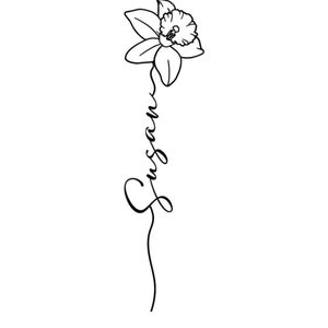 May include: A black and white line art illustration featuring a single daffodil flower with a long, slender stem. The word Susan is written in a cursive script font, integrated into the stem of the flower. The text Example appears at the top.