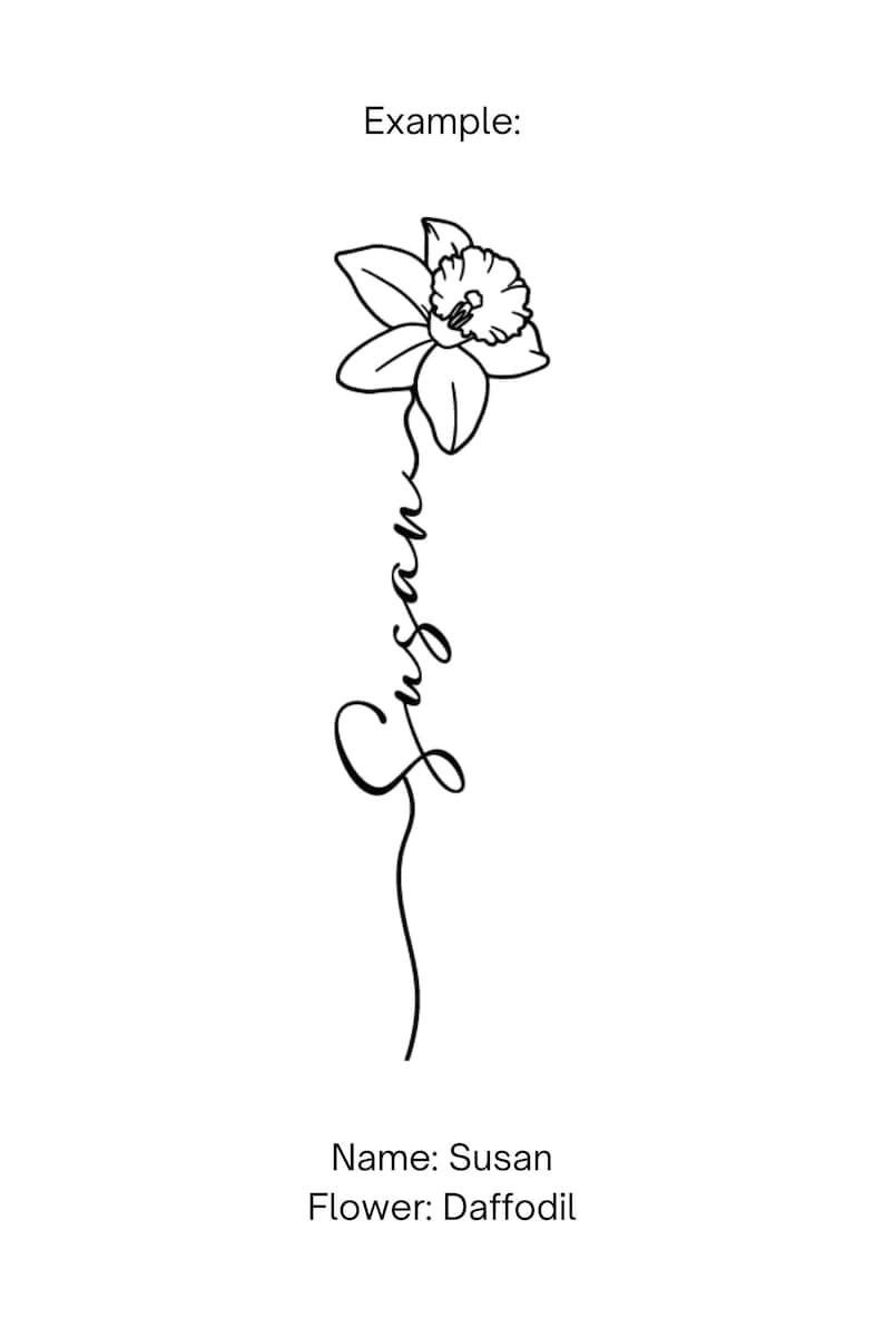 May include: A black and white line art illustration featuring a single daffodil flower with a long, slender stem. The word Susan is written in a cursive script font, integrated into the stem of the flower. The text Example appears at the top.