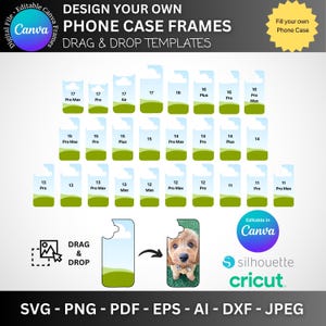 以下が含まれることがあります： 「DESIGN YOUR OWN PHONE CASE FRAMES」と「DRAG & DROP TEMPLATES」のテキストが入った画像。さまざまなモデルの携帯電話ケースフレームのテンプレートが含まれています。画像には、携帯電話ケースの犬の顔も表示されています。