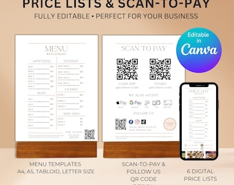 Plantilla editable de lista de precios de restaurante: Escanee el código QR para pagar (Canva)