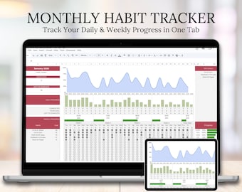 Puede incluir: Un portátil y una tableta que muestran una plantilla de seguimiento de hábitos mensuales. La pantalla muestra una hoja de cálculo con gráficos y visualización de datos. El texto en la pantalla dice "MONTHLY HABIT TRACKER" y "Track Your Daily & Weekly Progress in One Tab."