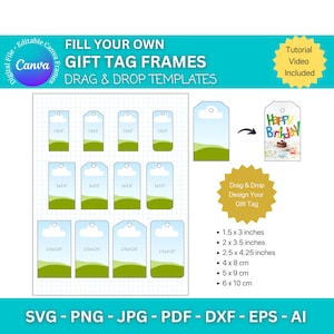 Puede incluir: Un conjunto de ocho marcos de etiquetas de regalo imprimibles en varios tamaños, incluyendo 1,5 x 3 pulgadas, 2 x 3,5 pulgadas y 2,5 x 4,25 pulgadas. Los marcos presentan un cielo azul con una nube blanca y una colina verde cubierta de hierba. Los marcos están diseñados para la edición de arrastrar y soltar, lo que permite a los usuarios personalizar sus etiquetas de regalo con texto, imágenes y otros elementos.