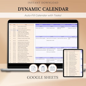 Könnte beinhalten: Eine digitale dynamische Kalendervorlage, die auf einem Laptop und Tablet angezeigt wird. Der Kalender mit der Bezeichnung "Auto-Fill Calendar with Tasks!" ist für Google Sheets konzipiert und bietet einen detaillierten Zeitplan mit Daten und Aufgaben.