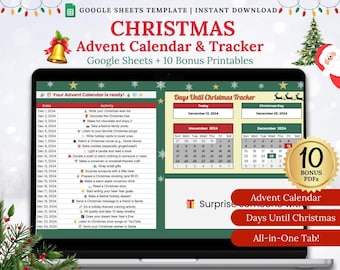 May include: A laptop screen displays a Christmas Advent Calendar & Tracker template. The design includes a calendar, a list of activities, and the text "Google Sheets + 10 Bonus Printables." Festive decorations like a bell, tree, and Santa are also visible.