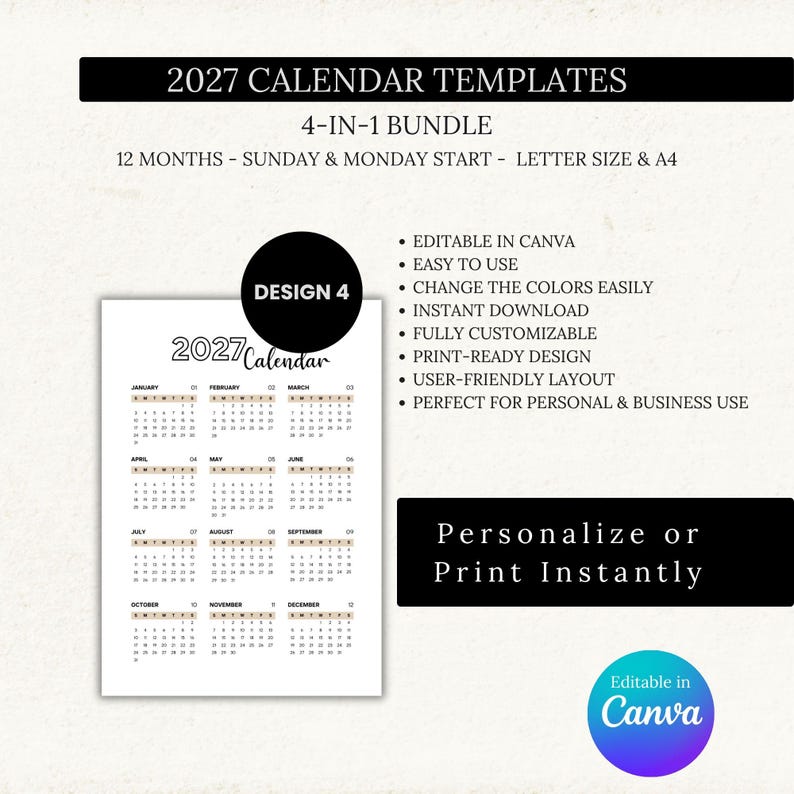 K&ouml;nnte beinhalten: Ein wei&szlig;es 2027 Kalendervorlagen-Design mit beigem Rasterlayout, mit dem Text "2027 CALENDAR TEMPLATES" und "4-IN-1 BUNDLE". Das Design enth&auml;lt den Text "DESIGN 4" und die Option "Personalize or Print Instantly".