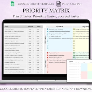 Priority Matrix for Google Sheets, Decision Matrix Printable, Colorful Task Spreadheet, Time Management, US Letter,A4, Personal Goal Planner