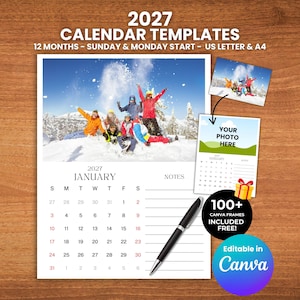 Editable 2027 Calendar Template in Canva — 12-month printable calendar with photo placeholders, available in US Letter and A4 sizes. Includes both Sunday and Monday start options, plus 100+ free Canva frames for easy customization.