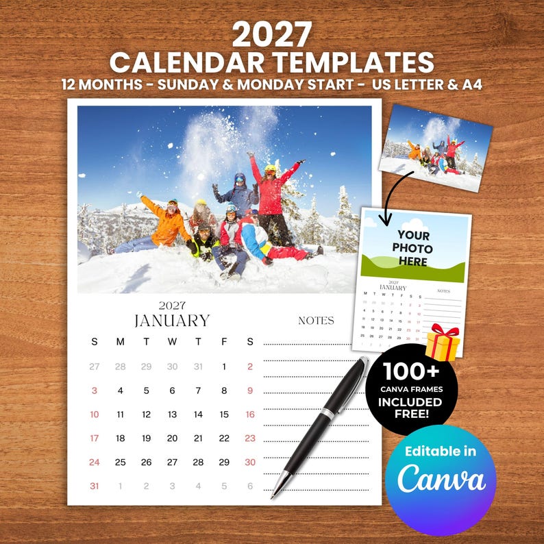 Editable 2027 Calendar Template in Canva — 12-month printable calendar with photo placeholders, available in US Letter and A4 sizes. Includes both Sunday and Monday start options, plus 100+ free Canva frames for easy customization.