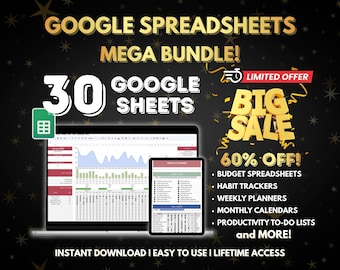Google Sheets Planners Bundle: 30 Editable Spreadsheets, Instant Download, Lifetime Access