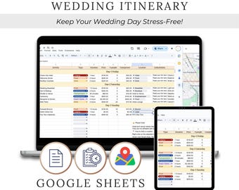 以下が含まれることがあります： 結婚式の日程表を計画するためのGoogleスプレッドシートのテンプレートです。スプレッドシートは、アクティビティ、タイプ、期間、価格、人数、不測の事態、場所、リンク/メモの列に分けられています。このテンプレートは、カップルが結婚式当日の活動を計画し、整理するのに役立ちます。