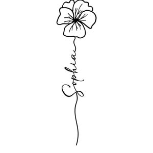 May include: A black and white line art illustration of a violet flower with a long stem that transitions into the cursive script name Sophia. Below the illustration, the text reads Example: Name: Sophia Flower: Violet in black font.