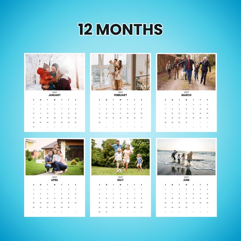 May include: A calendar with six months displayed, each featuring a family photo. The months are January, February, March, April, May, and June. The text "12 MONTHS" is at the top.