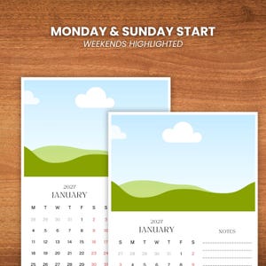 May include: Two 2021 January calendars with a landscape image of green hills and a blue sky with clouds. The calendars have the text "MONDAY & SUNDAY START" and "WEEKENDS HIGHLIGHTED". The calendar grid is visible.