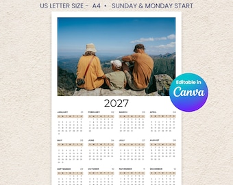 2027 Fotokalender Vorlagen: Benutzerdefinierter Wandkalender, bearbeitbar in Canva, Ziehen & Ablegen von Bilderrahmen, das Jahr auf einen Blick