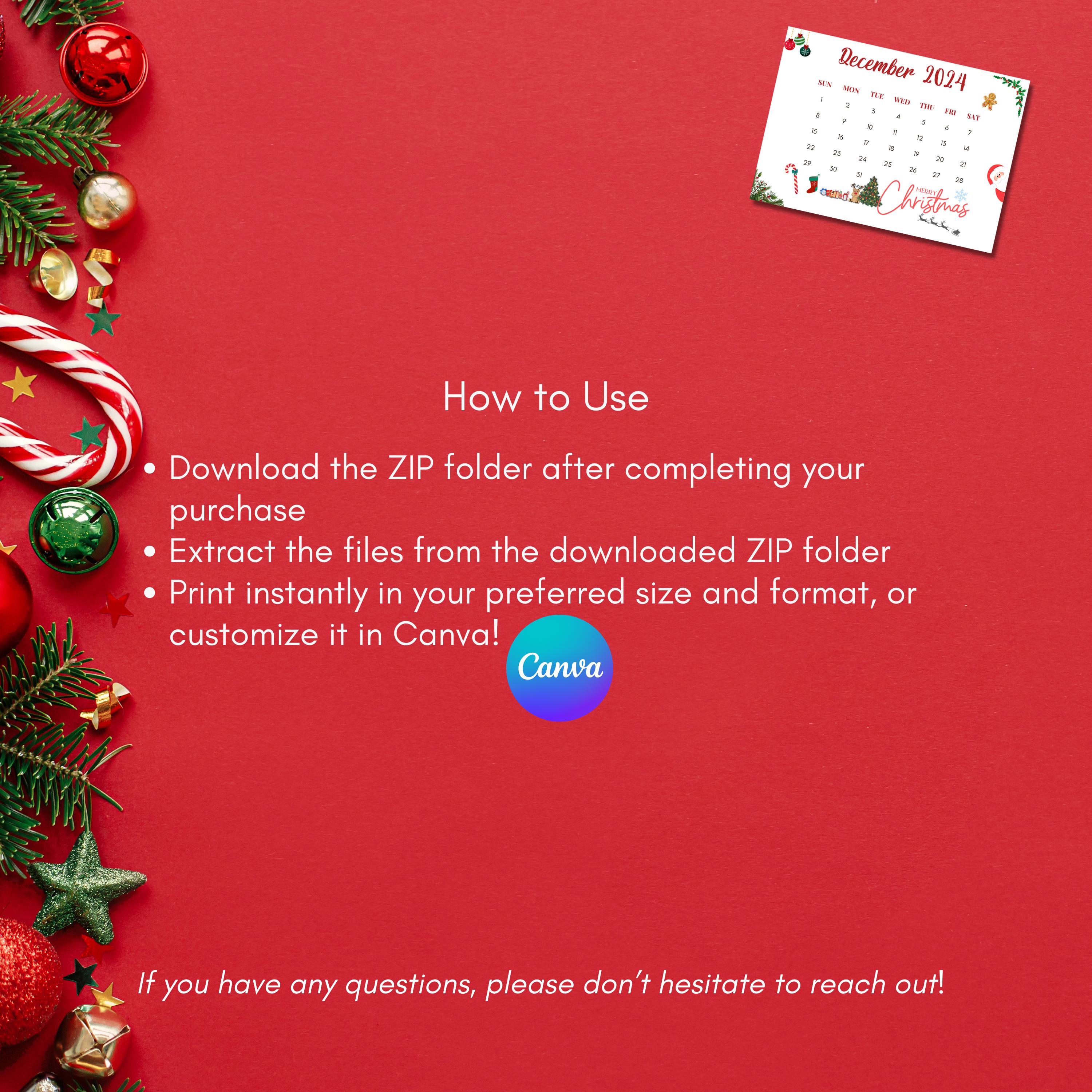 Editable & Printable December 2024 Calendar, Canva Template, Landscape