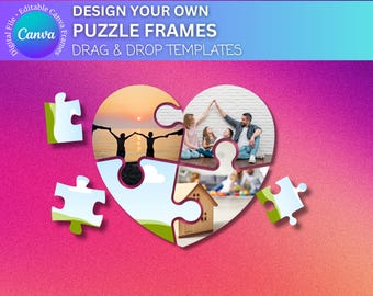 Maquetas de rompecabezas de Canva: Marcos de rompecabezas con forma de corazón y círculo (descarga digital)