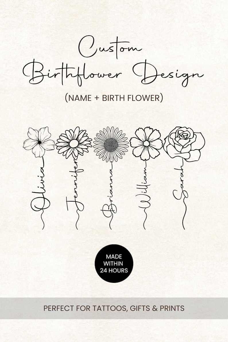 Custom Birth Flower Name Design: Floral Tattoo Art (PNG, SVG) - Etsy