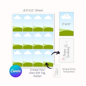 以下が含まれることがあります： 緑の丘と青い空のデザインが施された、印刷可能なギフトタグ12枚のシート。タグのサイズは2インチ×3.5インチで、Canvaで使用するために設計されています。