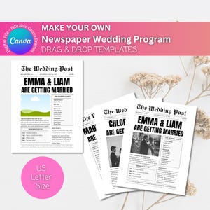May include: Three printable templates for a newspaper-style wedding programme. The templates feature a black and white design with the text "The Wedding Post" at the top. The text "Emma & Liam are getting married" is featured in a larger font size. The templates are designed to be used with a drag and drop editor.