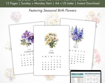 2026 Watercolor Birth Flower Calendar: Printable Monthly Planner (A4/Letter PDF Download)
