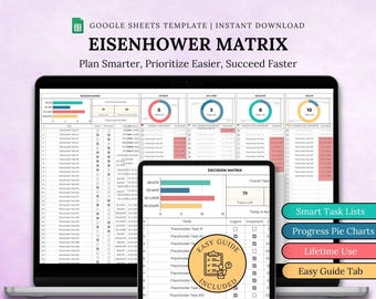 May include: A digital Google Sheets template showcasing the Eisenhower Matrix for task management. The image displays a laptop and tablet with the matrix, highlighting urgent and important tasks. Text includes "Plan Smarter, Prioritize Easier, Succeed Faster."