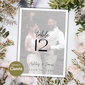 Puede incluir: Una tarjeta de número de mesa de boda blanca con una foto borrosa de una novia y un novio. La tarjeta dice "mesa 12" en texto negro y "Ashley & James" y "June 14, 2025" en texto negro más pequeño.