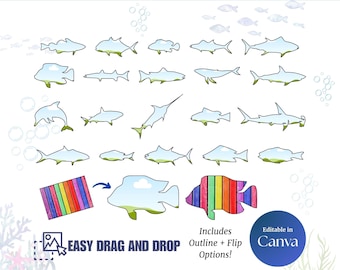 Editable Fish Templates Bundle: Canva Drag & Drop Frames, Dolphin SVG, Shark PNG, Ocean SVG Files for Cricut (Digital Download)