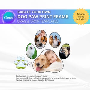 Puede incluir: Una plantilla digital de Canva para crear un marco de huellas de patas de perro. El diseño presenta una forma de huella de pata con espacios para fotos de perros. El texto incluye "Crea tu propio marco de huellas de patas de perro".