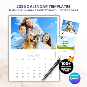 Sjabloon foto wandkalender 2026: bewerkbaar in canva, maandplanner, sjablonen (digitale download)