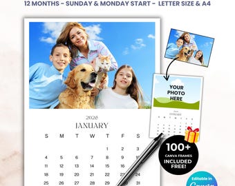 Wall Calendar 2026 Photo Template: Canva Editable, Monthly Planner, Templates, (Digital Download)