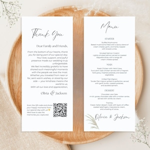Menú de boda y tarjeta de agradecimiento con código QR, plantilla editable de Canva, decoración moderna para mesa de recepción, 10 x 23 cm, descarga digital