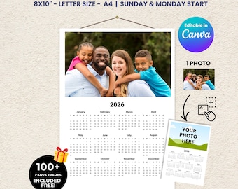 2026 Photo Wall Calendar Template | Editable Printable Calendar | Canva DIY | Instant Download