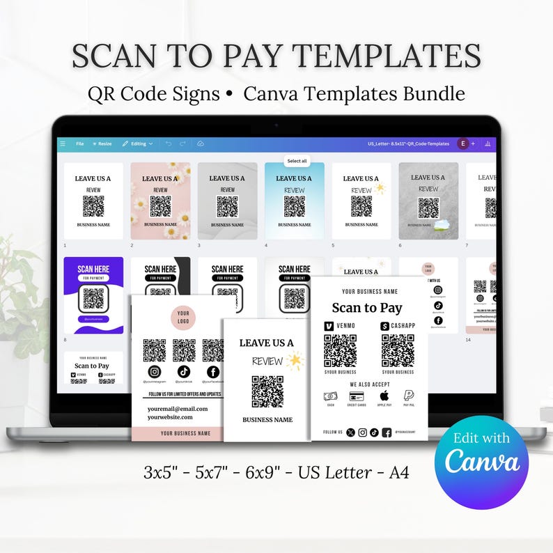 Editable Qr Permit Scan Editable Business QR Code Sign Templates: Scan to Pay, Review, Social ...
