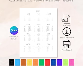 2025 Yearly Calendar: Canva Editable, Minimalist Design (Digital Download)
