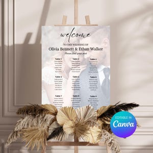 May include: A wedding seating chart on an easel, featuring the names of Olivia Bennett and Ethan Walker. The sign reads "welcome" and "Please find your seat." The design includes a floral arrangement at the base and is editable in Canva.