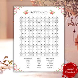 Woordzoekpuzzel voor moeder • Afdrukbaar spel Moederdag • Minimalistische activiteitenkaart • Ontspannende bloemenkaart • Digitale download • Cadeau voor moeder