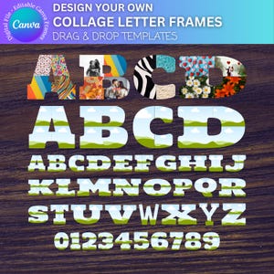 May include: A set of colorful collage letter frames with a green and blue landscape design. The letters are A, B, C, D, E, F, G, H, I, J, K, L, M, N, O, P, Q, R, S, T, U, V, W, X, Y, Z, 0, 1, 2, 3, 4, 5, 6, 7, 8, and 9.  The letters are designed to be used as photo frames.