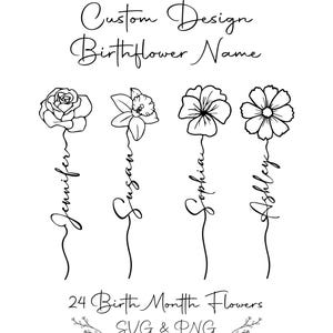 Custom birth flower name design featuring minimalist line art flowers with handwritten names, perfect for name extension tattoos, family tattoos, birth month flower tattoos, personalized tattoo ideas, custom name art, and meaningful family name floral designs in SVG and PNG format.