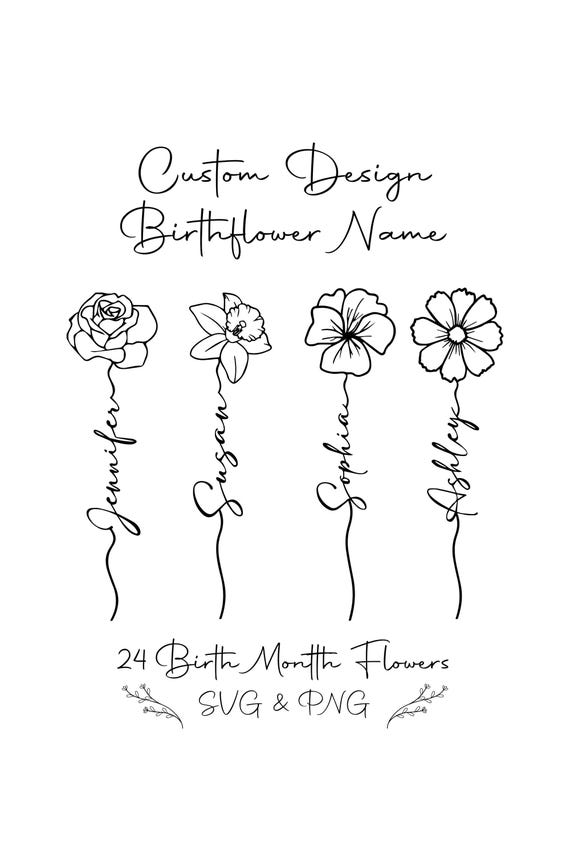 Custom Birth Flower Name Design: Line Art Tattoo PNG & SVG (Digital Download)