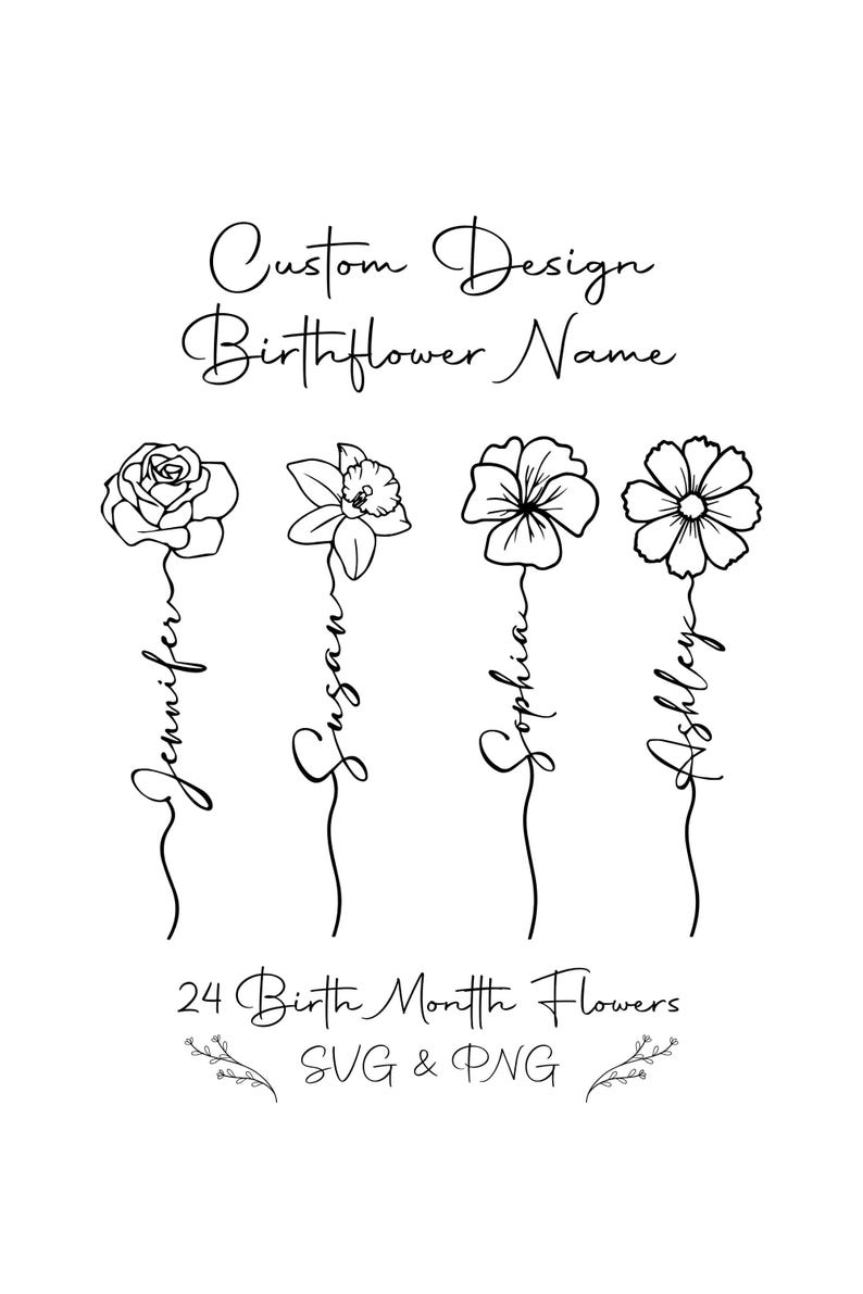 Custom birth flower name design featuring minimalist line art flowers with handwritten names, perfect for name extension tattoos, family tattoos, birth month flower tattoos, personalized tattoo ideas, custom name art, and meaningful family name floral designs in SVG and PNG format.